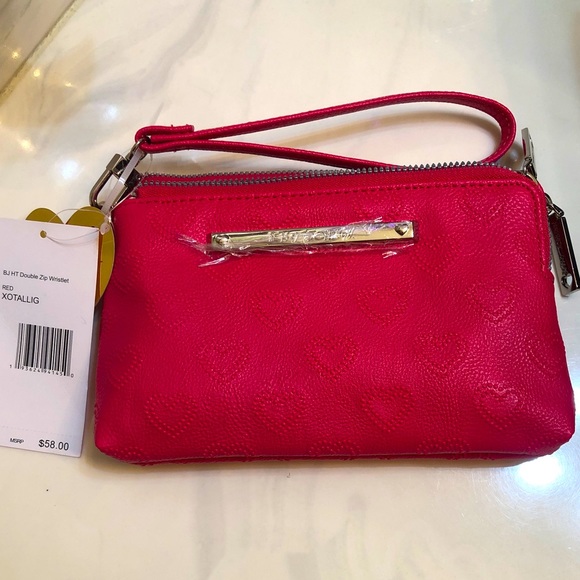 Betsey Johnson Red Faux Leather Double Zip Wristlet Embossed Heart Print NWT - Picture 3 of 10